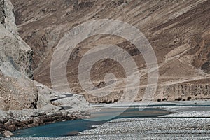 Landscape image of the blue Shyok river on the way to Nubra valley photo