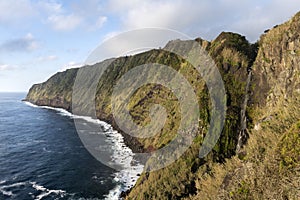 Landscape image of Cascata da Ponta do Arnel waterfall showing the wild green cliffs of the eastcoast of SÃ£o Miguel island on the