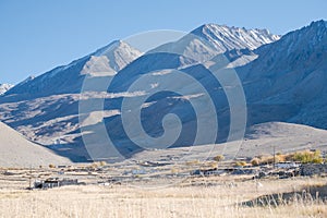 Landscape image of Leh Ladakh city with mountains and blue sky