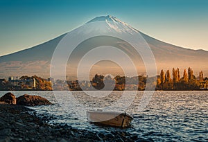 Landscape image of Mt. Fuji over Lake Kawaguchiko at sunrise in Fujikawaguchiko, Japan