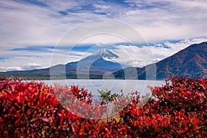 Landscape image of Mt. Fuji over Lake Kawaguchiko at sunrise in Fujikawaguchiko, Japan