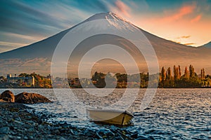 Landscape image of Mt. Fuji over Lake Kawaguchiko at sunset in Fujikawaguchiko, Japan