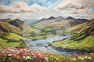 Landscape Impasto Tempera painting of lake district. ai generative