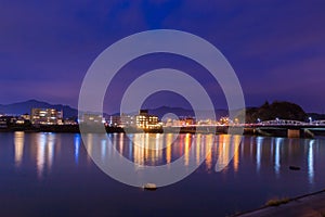 Landscape of inuyama city view with kiso river in night