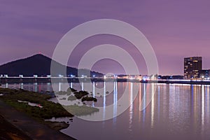 Landscape of inuyama city view with kiso river in night