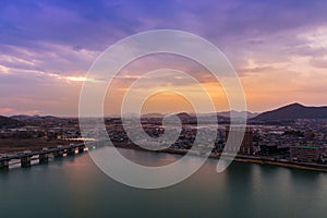 Landscape of inuyama city view with mountain and kiso river at s