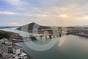 Landscape of inuyama city view with mountain and kiso river at s