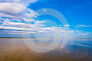 Landscape on the Irravarddy river, Mandalay, Myanmar, Burma. Copy space for text.