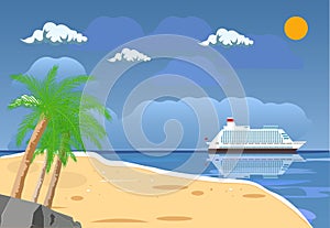 Landscape of islands and beach. Cruise liner ship. Sun with reflection in water and clouds. Day in tropical place