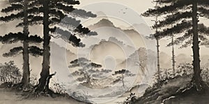 Landscape of Japanese forest and mountains. Stylized painted forest. Dark and contrasting