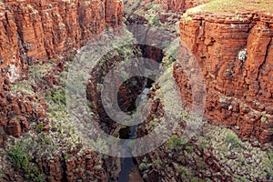 Landscape of Joffre Gorge with red cliffs and Joffre Creek in Western Australia