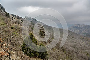 Landscape of Karadag Reserve in spring. View of different rocks. Crimea