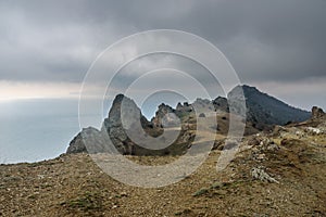 Landscape of Karadag Reserve in spring. View of rocks of ridge Karagach. Crimea