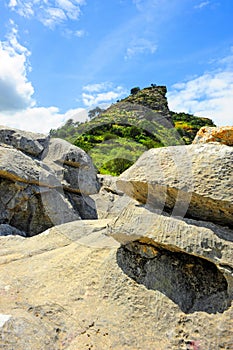 Landscape of karstic rocks in the Buitreras Canyon, mountains of the Cadiz province, AndalusiaSpain photo