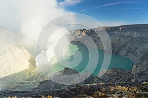 Landscape of Kawah Ijen volcano mountain crater and lake, Java, photo