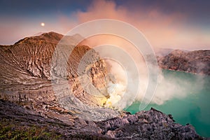 Landscape of Kawah Ijen volcano in sunrise scene of Indonesia