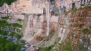 landscape of Kinchkha waterfall, scenic drone shot, Imereti region, Georgia