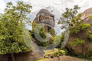 Landscape of Kit Mikayi, an impressive balancing rock formation or tor, around 40 m high, in Seme, Kisumu County, western Kenya, A