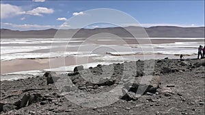 Landscape of lagoon, mountains and salt flats in Atacama desert, Chile