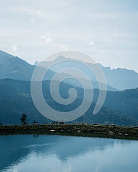 Landscape with lake against mountains