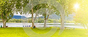 Landscape of Lake Banolas in the province of Gerona on sunlight photo