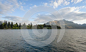 Landscape of lake with beautiful mountain as the background at Queenstown in New Zealand