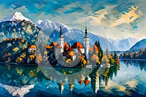 Landscape with lake Bled, Slovenia, Europe,  Digital painting