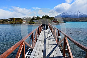 Landscape of lake,bridge and mountains in Patagonia Chile