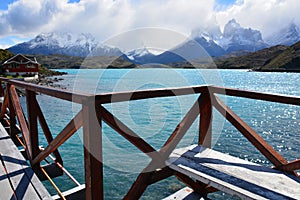 Landscape of lake,bridge and mountains in Patagonia Chile