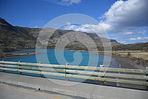 Landscape of lake,bridge and mountains in Patagonia Chile