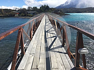 Landscape of lake,bridge and mountains in Patagonia Chile