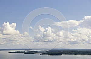 Landscape of a lake with dramatic, blue sky