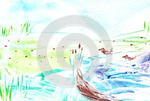 Landscape, lake, ducks, birds, summer, nature. Encaustic, art decoration, sketch. Illustration hand drawn modern, hot wax new