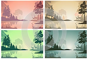 Landscape with lake, forest, fallow deer silhouettes, sunset, sunrise. Set of four colors.