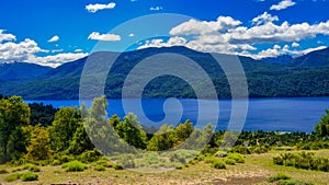 Landscape of lake Lacar from a hill