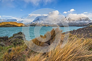 Landscape with lake Lago del Pehoe in Torres del Paine national park, Patagonia, Chile