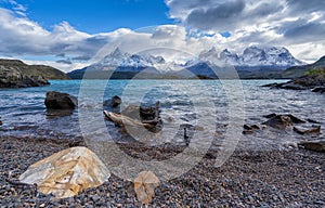 Landscape with lake Lago del Pehoe in the Torres del Paine national park, Patagonia, Chile