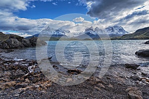 Landscape with lake Lago del Pehoe in the Torres del Paine national park, Patagonia, Chile