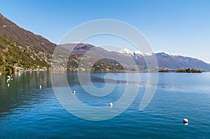 Landscape of Lake Maggiore with Brissago Islands surround of Swiss alps in Brissago, Switzerland
