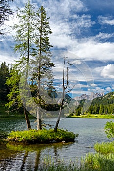 Landscape on Lake Misurina in the Italian Alps. Summer landscape in the Italian Dolomites. South Tyrol Italy. Europe