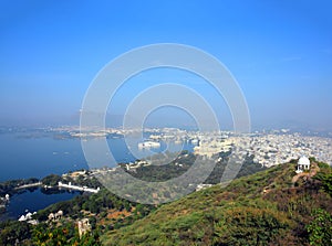 Landscape with lake and palaces in Udaipur