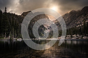 Landscape - A lake in the Rocky Mountains of Colorado at sunset.