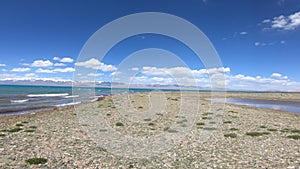 Landscape of lake and snow capped mountains