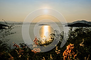 Landscape of the lake at sunset.