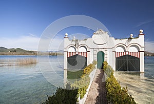 Landscape,lake view and typic house over water in Banyoles,Catalonia,Spain.