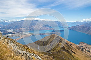 Landscape of lake Wanaka captured from Roys peak track in new zealand