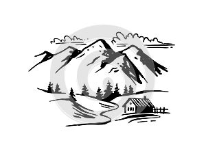 Landscape with large mountains vector. Nature sketch with house. Hand drawn ink illustration