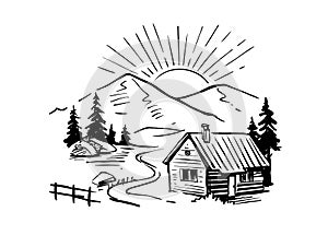 Landscape with large mountains vector. Nature sketch with house. Hand drawn ink illustration