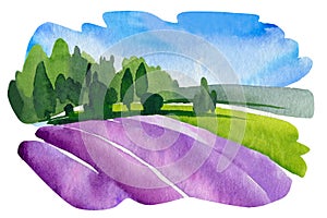 Landscape with lavender field, green meadow. Hand drawn Nature forest. watercolor illustration