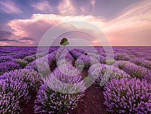 Landscape of lavender field and lonely tree